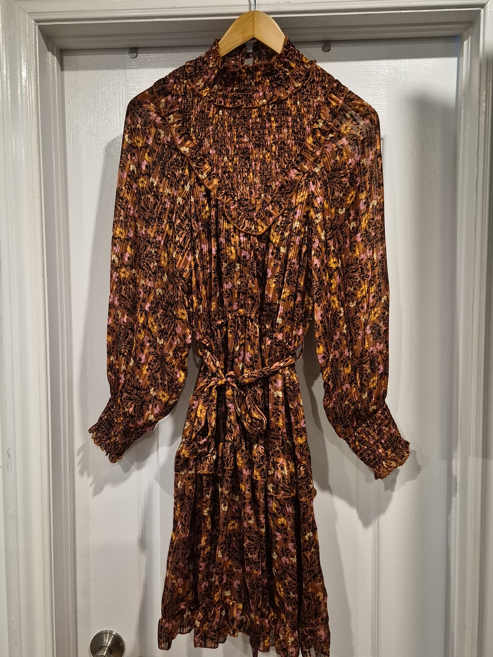 Angie Brown Floral Smocked High-Neck Long Sleeve Dress